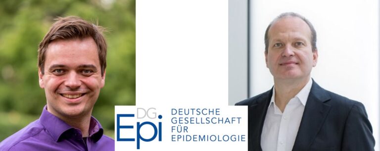 Prof. André Karch (links) und Prof. Rafael Mikolajczyk (rechts) und Logo der DGEpi